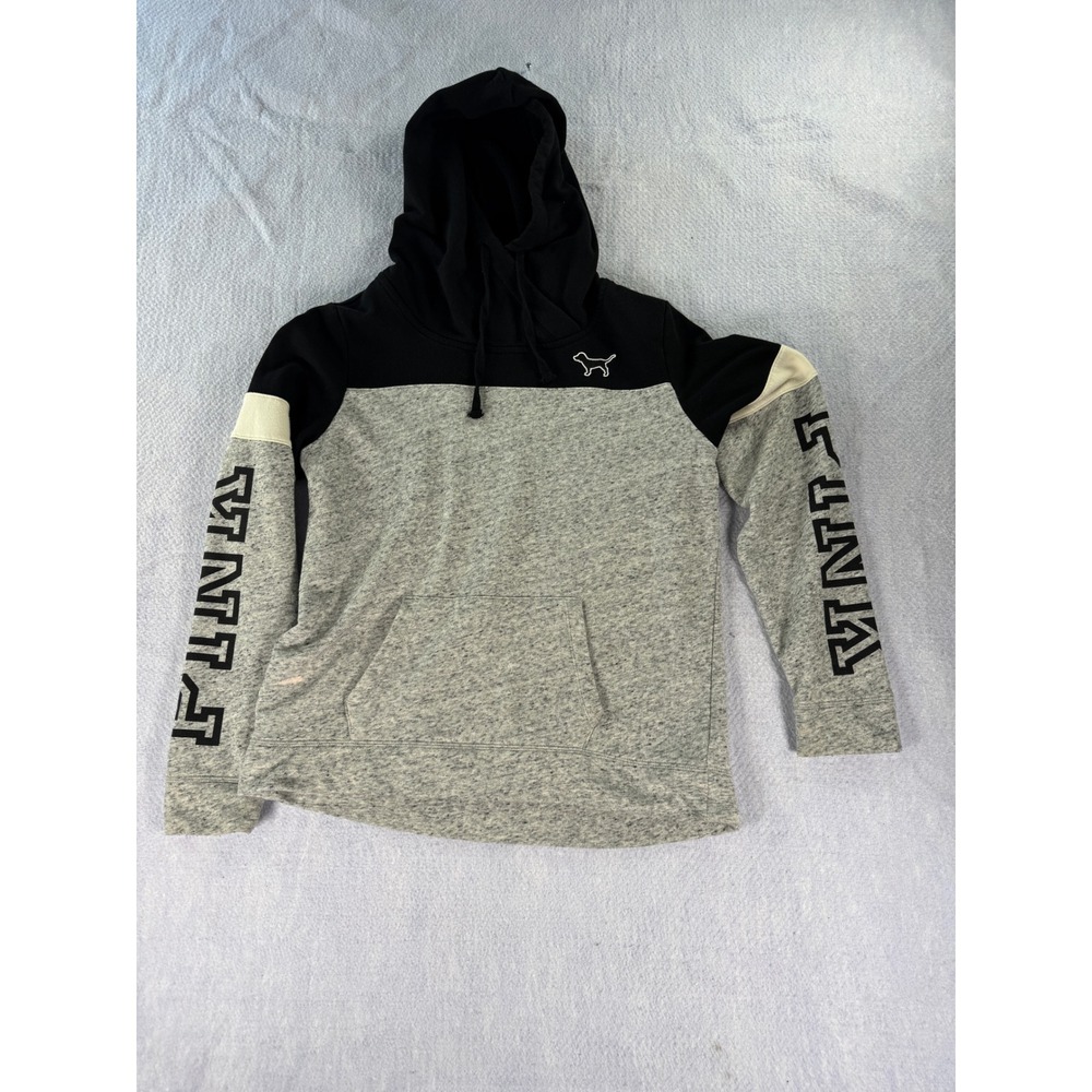 Pink Victoria's Secret Hoodie Gray Black Colorblock Logo Pullover Medium